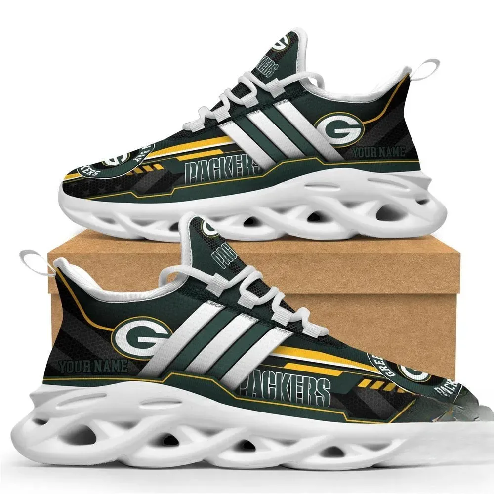 Personalized NFL Green Bay Packers Max Soul Shoes, Custom Name Football Fan Running Shoes, Game Day Sneakers for Cheeseheads