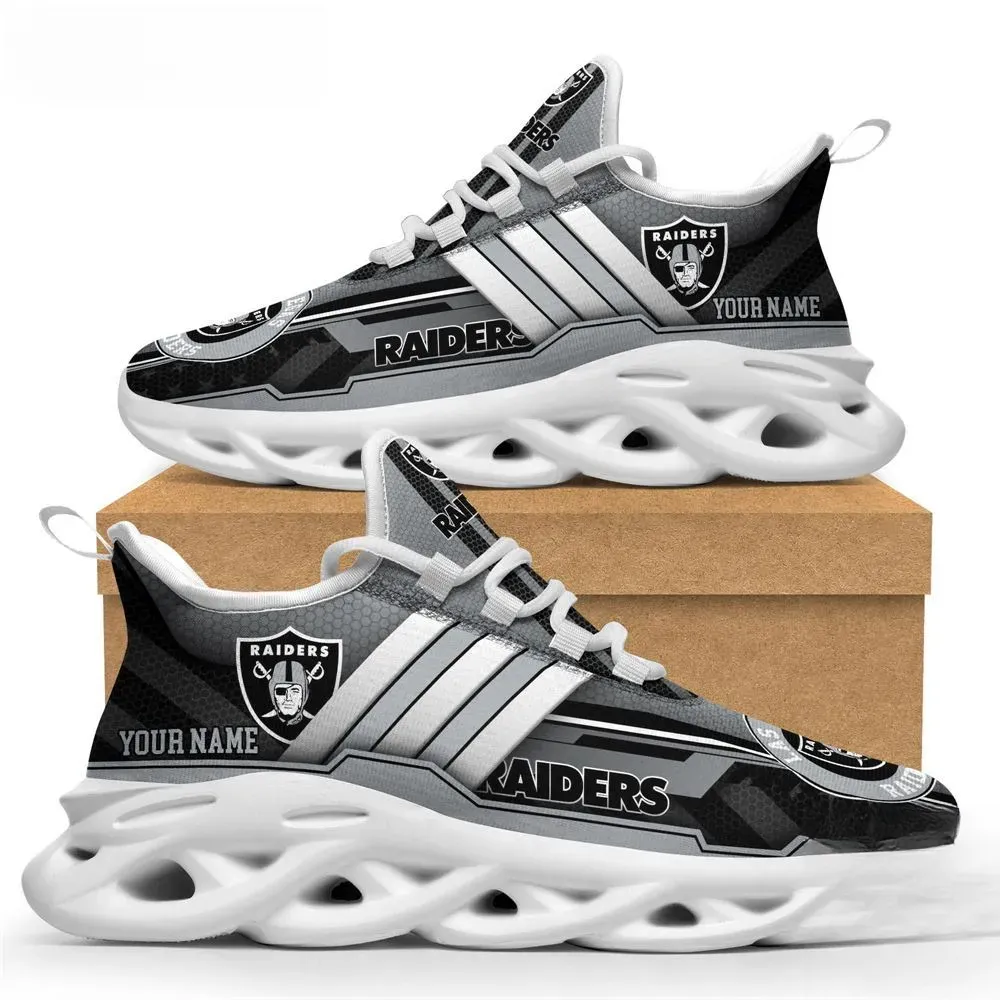 Personalized NFL Las Vegas Raiders Max Soul Shoes with Custom Name, Silver and Black Football Fan Sneakers, Raider Nation Trainers