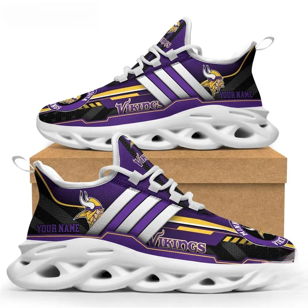 Personalized NFL Minnesota Vikings Max Soul Shoes, Custom Name Purple Football Fan Sneakers, Lace-Up Walking Trainers, Sports Gift