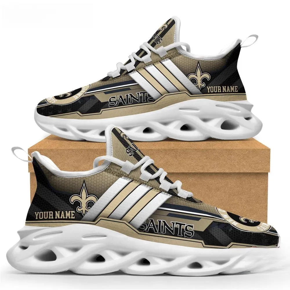 Personalized NFL New Orleans Saints Max Soul Shoes, Custom Name Black Gold Football Fan Sneakers, Lace-Up Trainers, Sports Gift