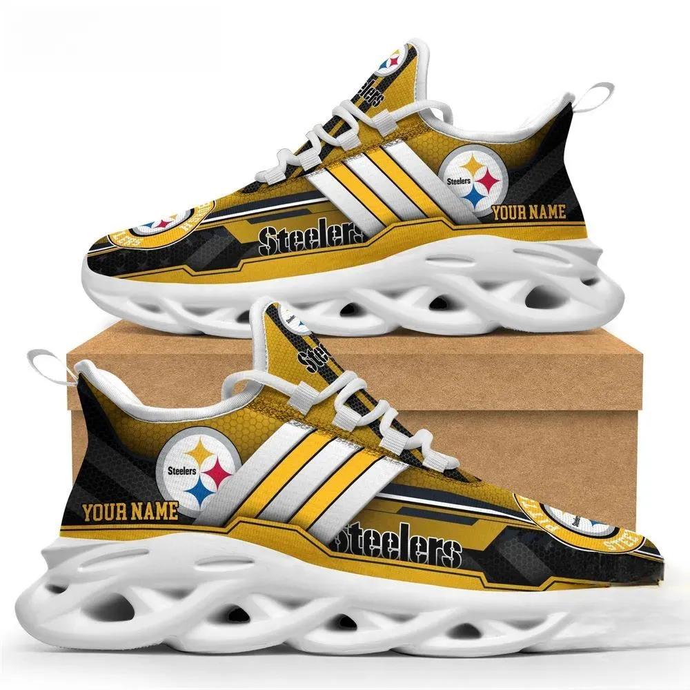 Personalized NFL Pittsburgh Steelers Max Soul Shoes, Custom Name Black and Gold Football Sneakers, Steelers Fan Running Shoes Gift