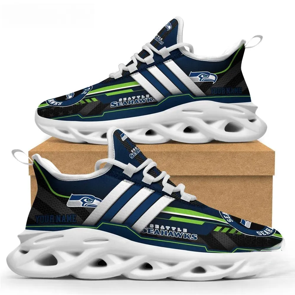 Personalized NFL Seattle Seahawks Max Soul Shoes, Custom Name Football Fan Sneakers, Navy Green Running Trainers, Game Day Gift