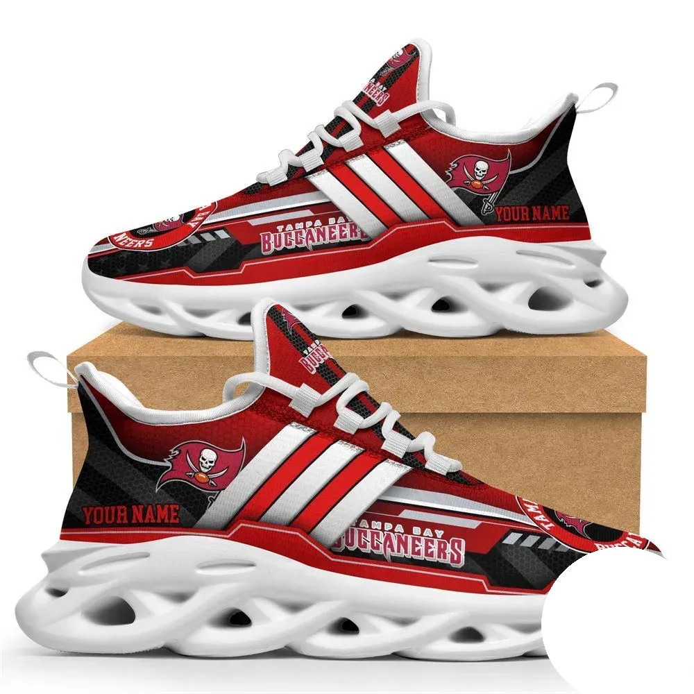 Personalized NFL Tampa Bay Buccaneers Sneaker Max Soul Shoes, Custom Name Red and Pewter Lace-Up Trainers, Football Fan Gift