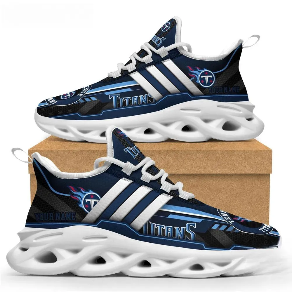 Personalized NFL Tennessee Titans Max Soul Shoes, Custom Name Navy Football Sneakers, Lace-Up Running Trainers, Sports Gift for Fans