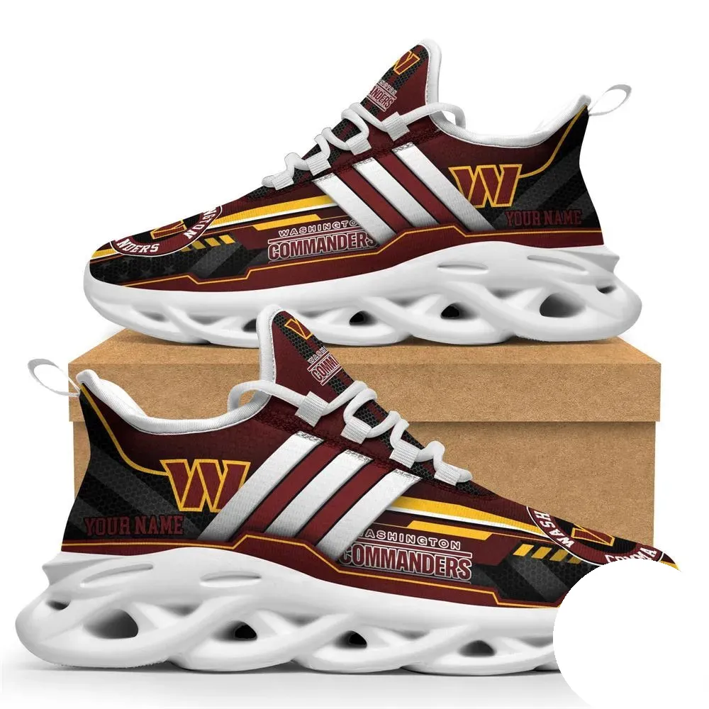 Personalized NFL Washington Commanders Sneaker Max Soul Shoes, Custom Name Burgundy and Gold Lace-Up Trainers, Football Fan Gift