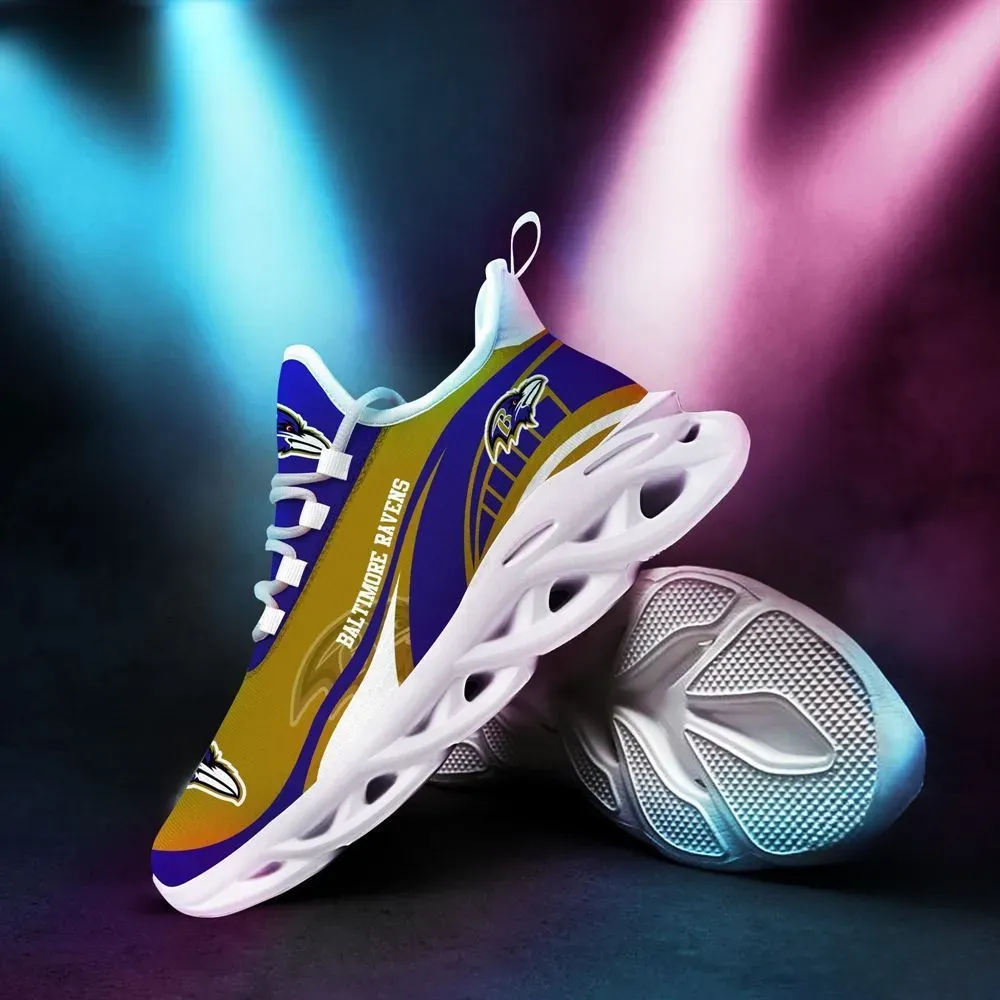 NFL Baltimore Ravens Sneaker Max Soul Shoes, Purple and Gold Raven Head Lace-Up Trainers, Football Fan Gift for Game Day