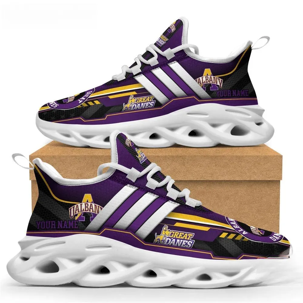 Personalized Albany Great Danes Max Soul Shoes, Custom Name NCAA College Sneakers, Purple Gold Lace-Up Running Trainers for Alumni Fans