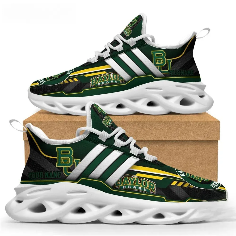 Personalized Baylor Bears Max Soul Shoes, Custom Name NCAA College Football Fan Sneakers, Green and Gold Game Day Lace-Up Gift for Alumni
