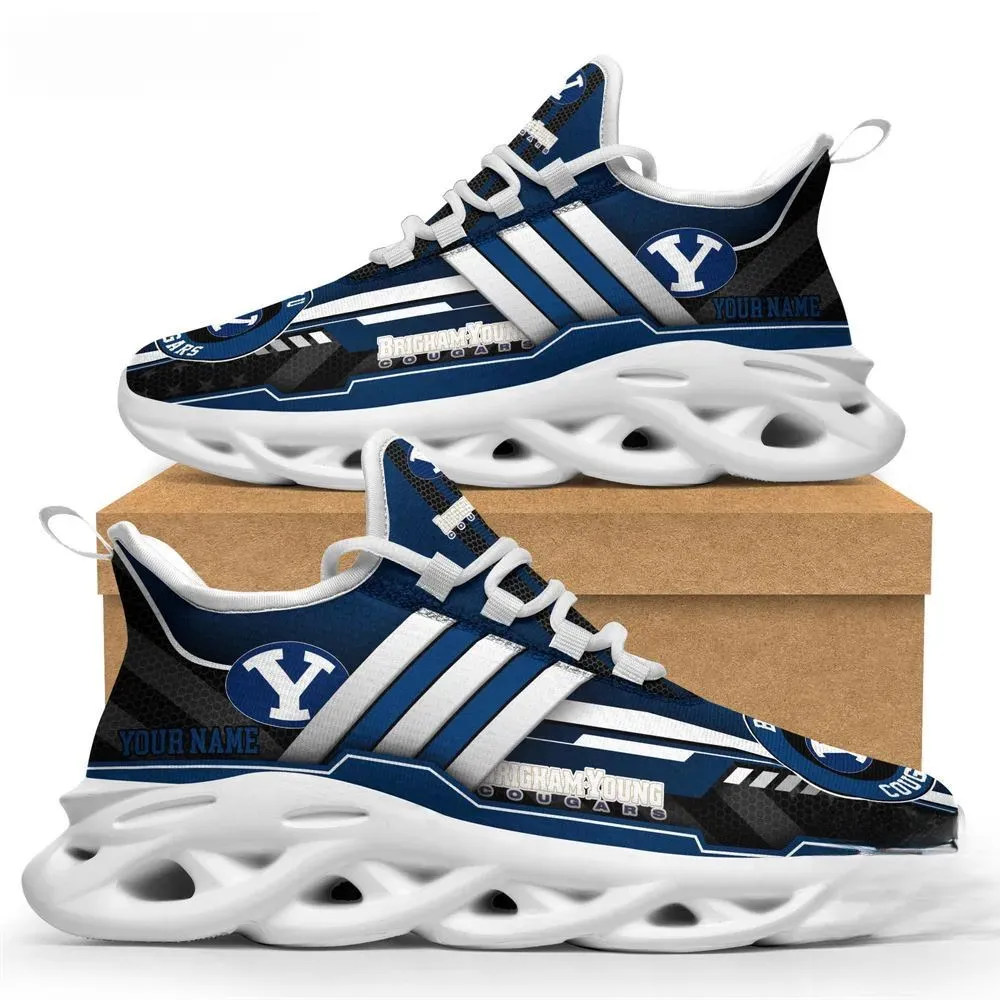 Personalized BYU Cougars Max Soul Shoes, Brigham Young Custom Name NCAA Fan Sneakers, Navy and White College Football Game Day Gift