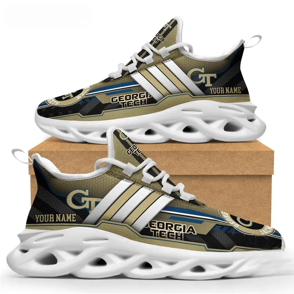 Personalized Georgia Tech Yellow Jackets Max Soul Shoes, Custom Name NCAA ACC College Sneakers, Old Gold Running Trainers for Atlanta Fans