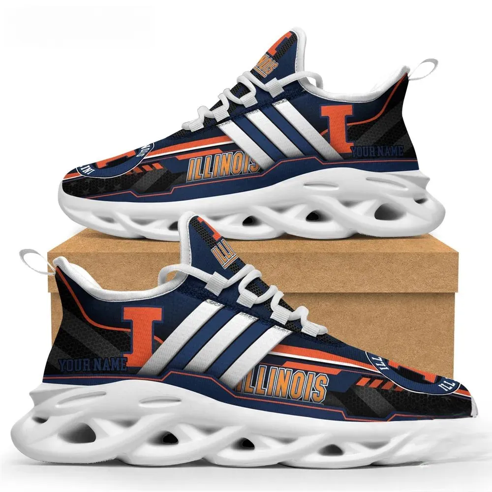 Personalized Illinois Fighting Illini Max Soul Shoes, Custom Name NCAA Big Ten College Sneakers, Navy and Orange Running Trainers for Fans