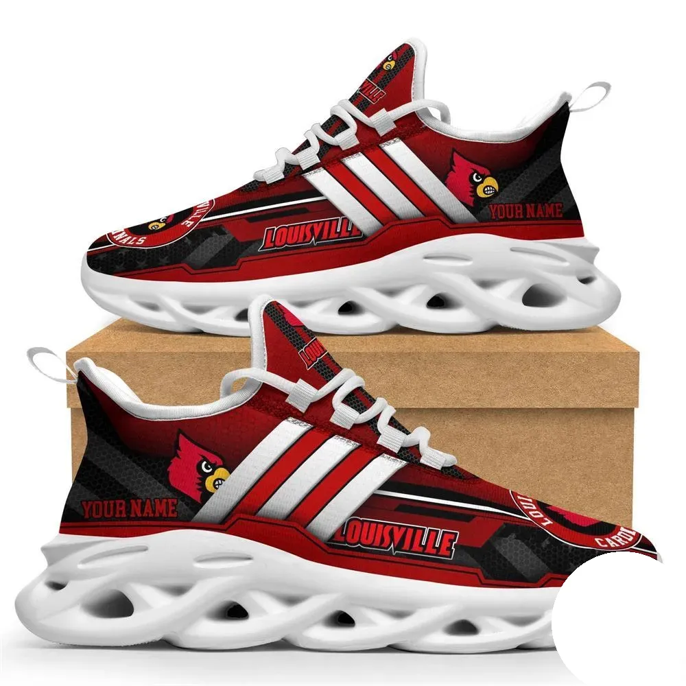 Personalized Louisville Cardinals Max Soul Shoes, Custom Name NCAA College Fan Sneakers, Red and Black Game Day Lace-Up Gift for Alumni