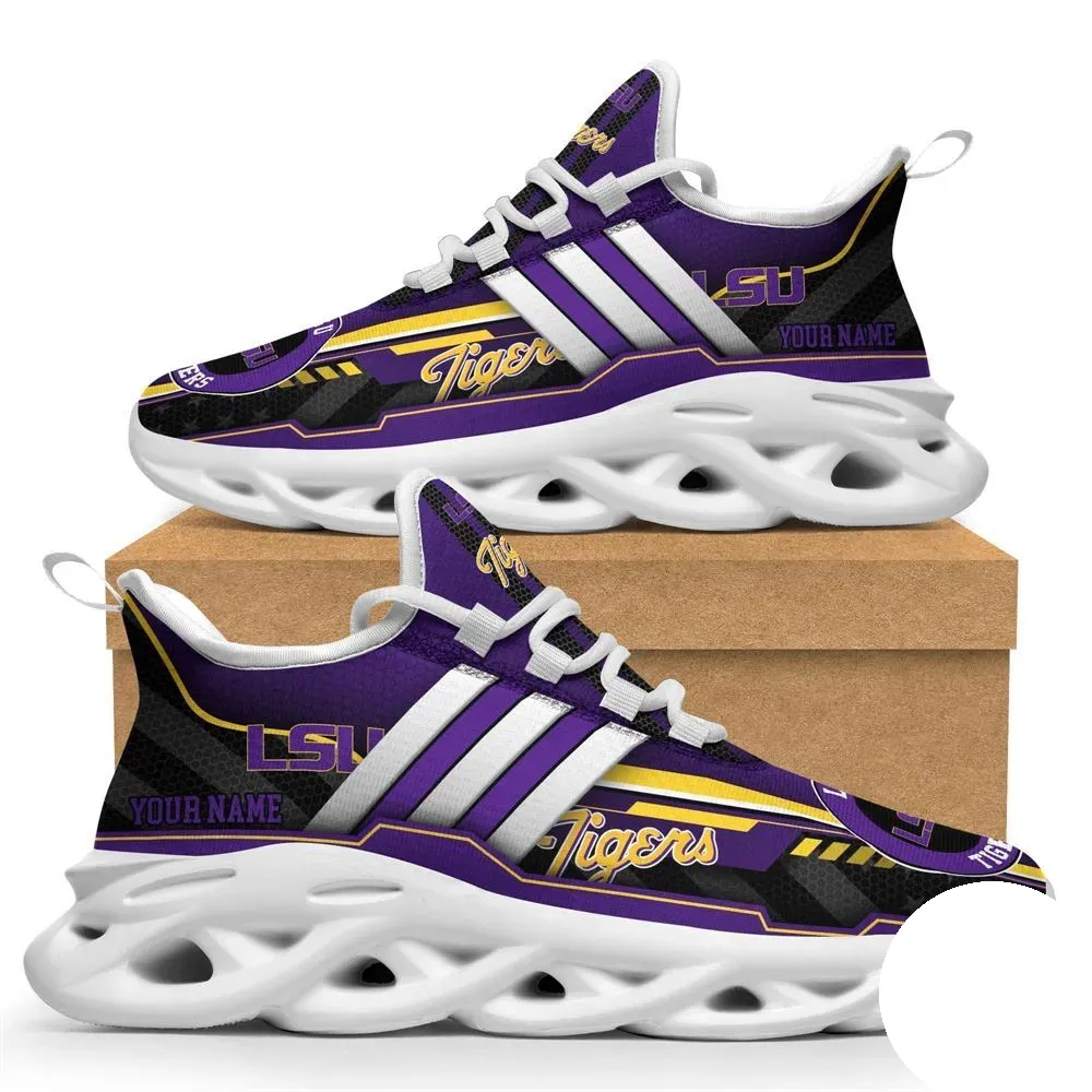 Personalized LSU Tigers Max Soul Shoes, Custom Name NCAA SEC College Football Sneakers, Purple and Gold Running Trainers for Baton Rouge Fans