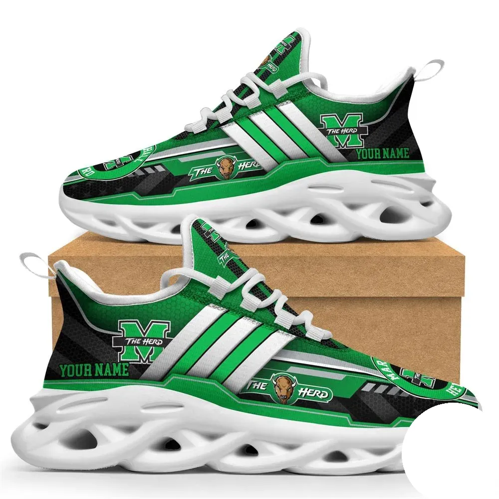 Personalized Marshall Thundering Herd Max Soul Shoes, Custom Name NCAA College Football Sneakers, Kelly Green Running Trainers for Fans