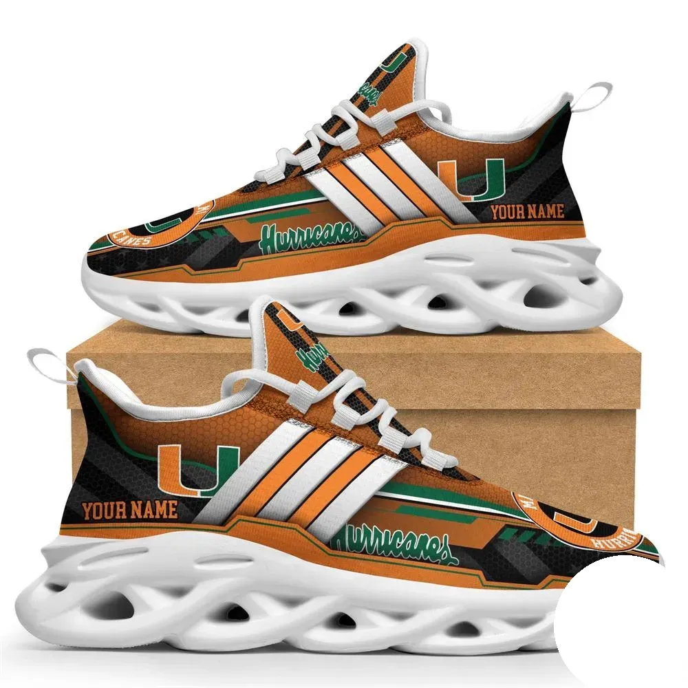 Personalized Miami Hurricanes Max Soul Shoes, Custom Name NCAA College Football Sneakers, Orange and Green Running Trainers, The U Fan Gift