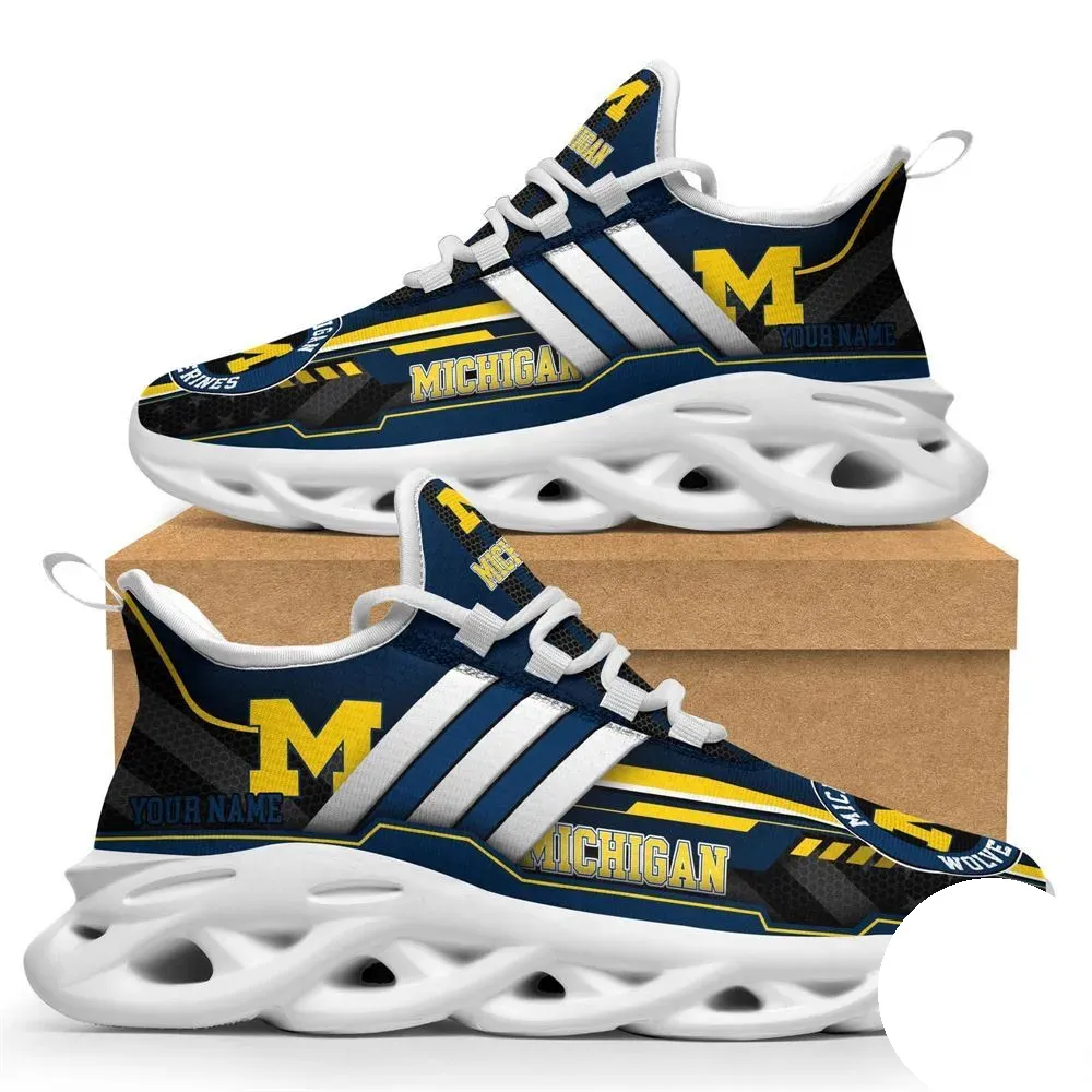 Personalized Michigan Wolverines Max Soul Shoes, Custom Name NCAA College Football Fan Sneakers, Maize and Blue Game Day Gift for Him
