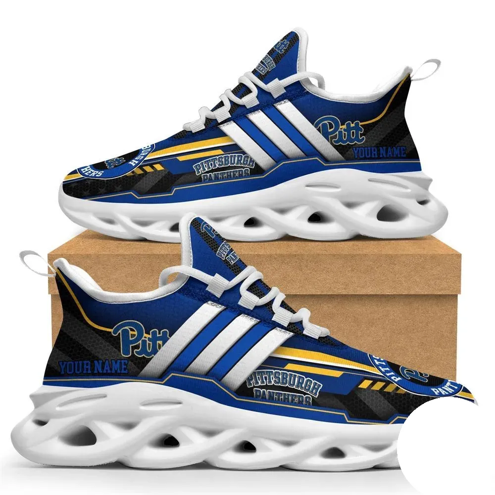 Personalized Pittsburgh Panthers Max Soul Shoes, Custom Name NCAA College Football Fan Sneakers, Blue and Gold Pitt Script Running Trainers