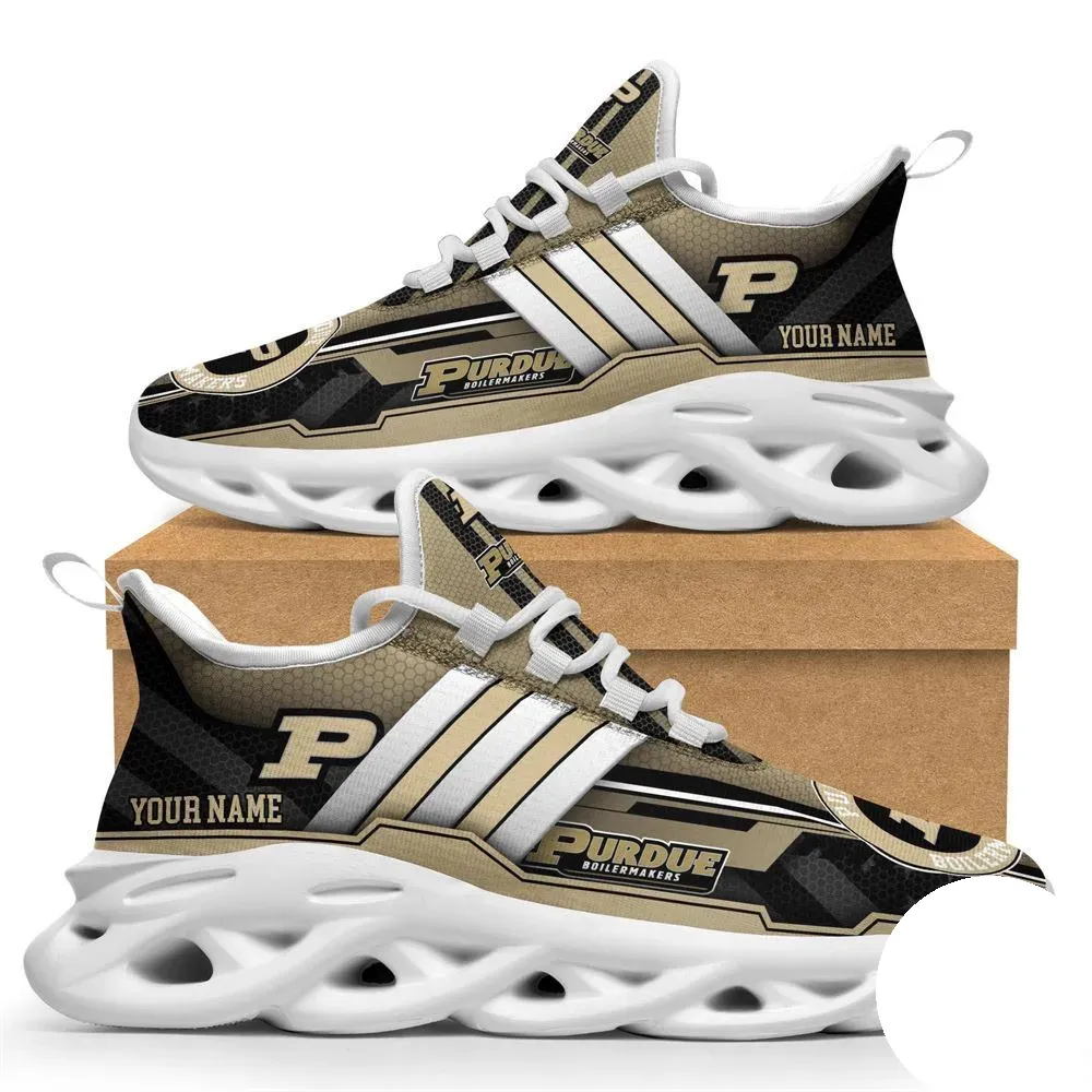 Personalized Purdue Boilermakers Max Soul Shoes, Custom Name NCAA College Football Fan Sneakers, Black and Old Gold Running Trainers