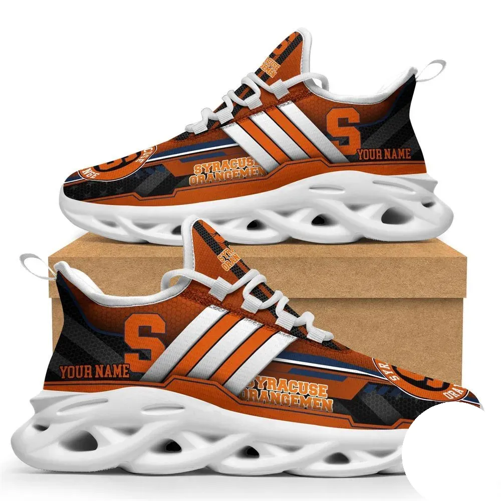 Personalized Syracuse Orange Max Soul Shoes, Custom Name Orangemen NCAA College Football Fan Sneakers, Navy Blue Accent Lace-Up Running Trainers