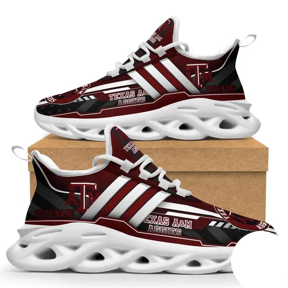 Personalized Texas A&M Aggies Max Soul Shoes, Custom Name NCAA College Football Fan Sneakers, Maroon and White Lace-Up Running Trainers