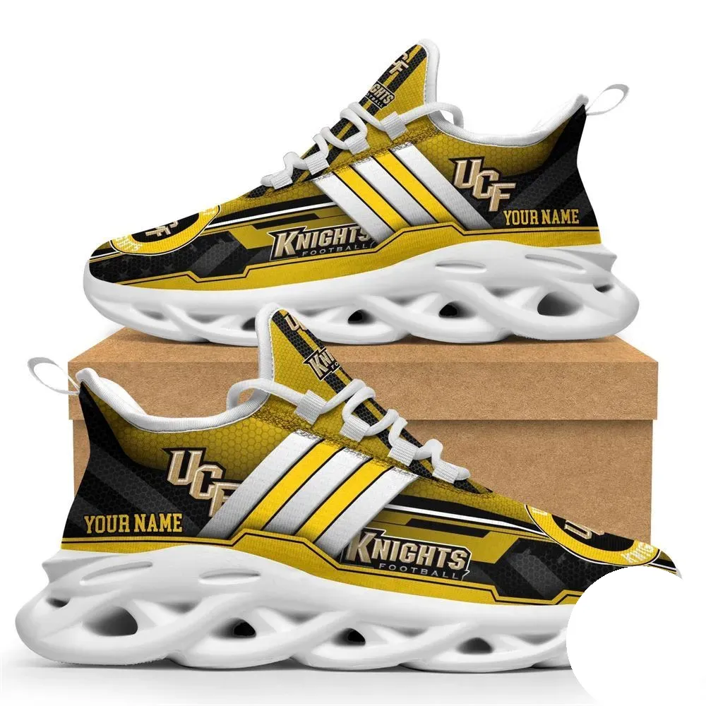 Personalized UCF Knights Max Soul Shoes, Custom Name NCAA College Football Fan Sneakers, Black and Gold Lace-Up Running Trainers for Orlando