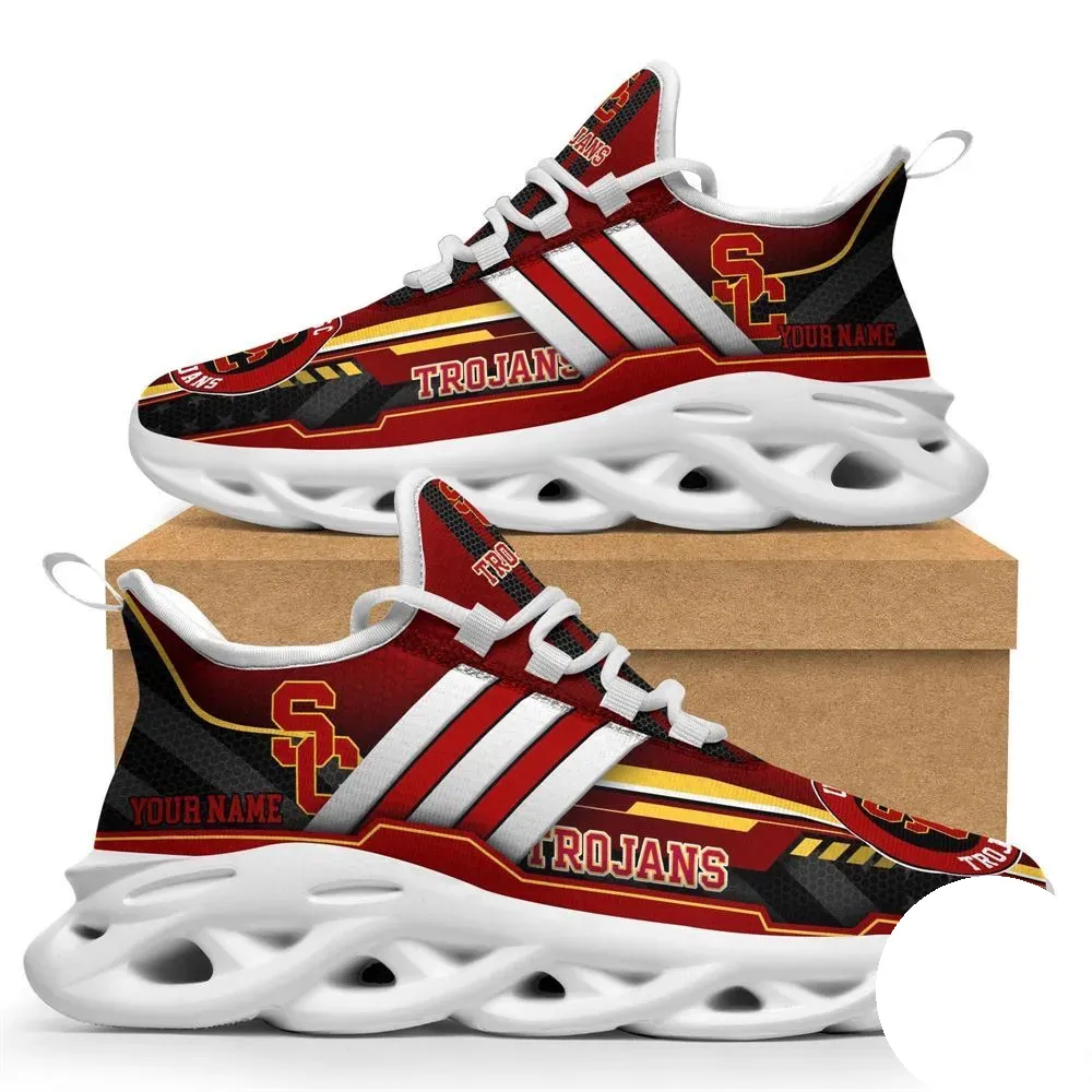 Personalized USC Trojans Max Soul Shoes, Custom Name NCAA College Football Fan Sneakers, Cardinal and Gold SC Logo Lace-Up Running Trainers