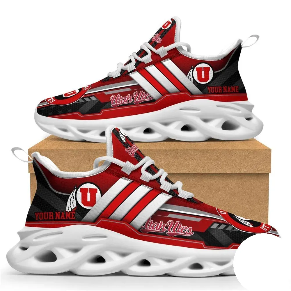 Personalized Utah Utes Max Soul Shoes, Custom Name NCAA College Football Fan Sneakers, Red and Black Feather Logo Lace-Up Running Trainers