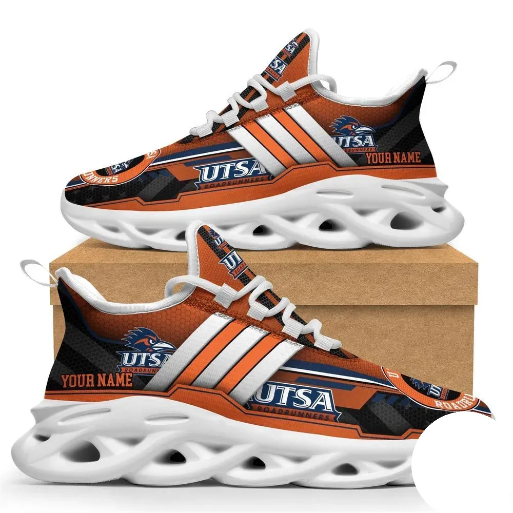 Personalized UTSA Roadrunners Max Soul Shoes, Custom Name NCAA College Football Fan Sneakers, Orange and Navy Lace-Up Running Trainers