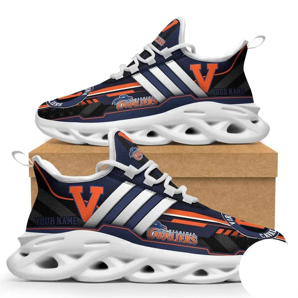 Personalized Virginia Cavaliers Max Soul Shoes, Custom Name NCAA College Football Fan Sneakers, Navy and Orange UVA Running Trainers