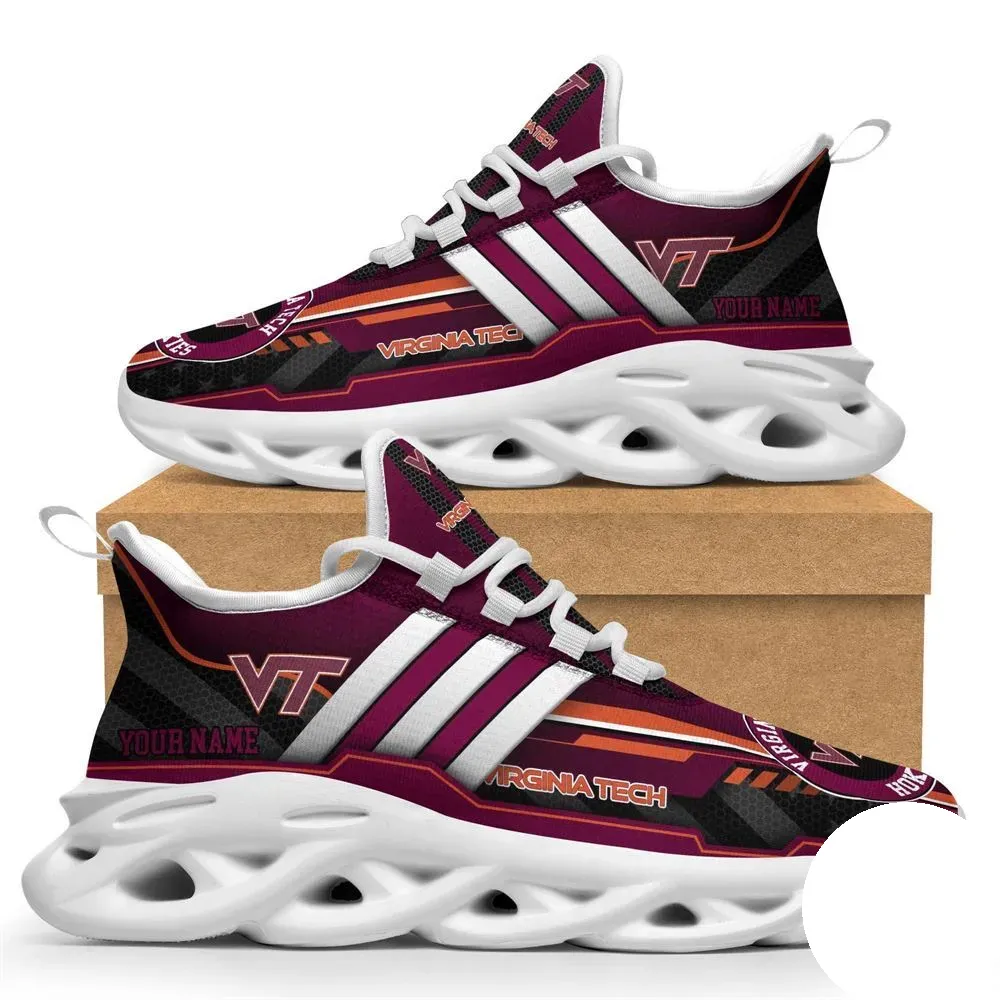 Personalized Virginia Tech Hokies Max Soul Shoes, Custom Name NCAA College Football Sneakers, Maroon and Orange VT Logo Running Trainers