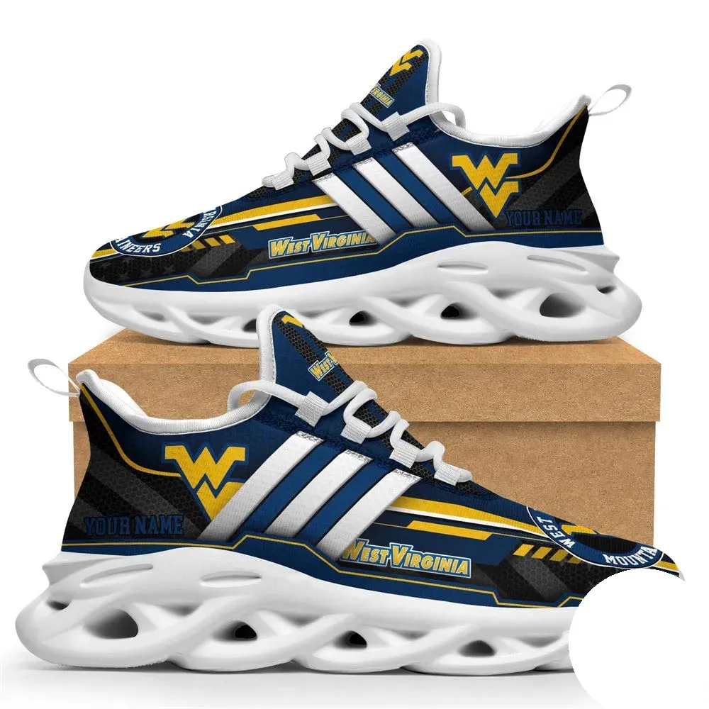 Personalized West Virginia Mountaineers Max Soul Shoes, Custom Name NCAA College Football Sneakers, Navy and Gold WVU Running Trainers