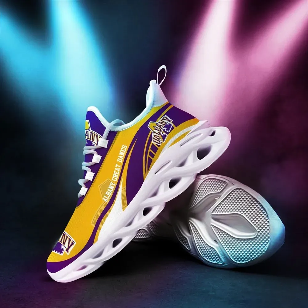 Albany Great Danes Max Soul Shoes, NCAA College Football Fan Sneakers, Purple and Gold Lace-Up Running Trainers for UAlbany Fans