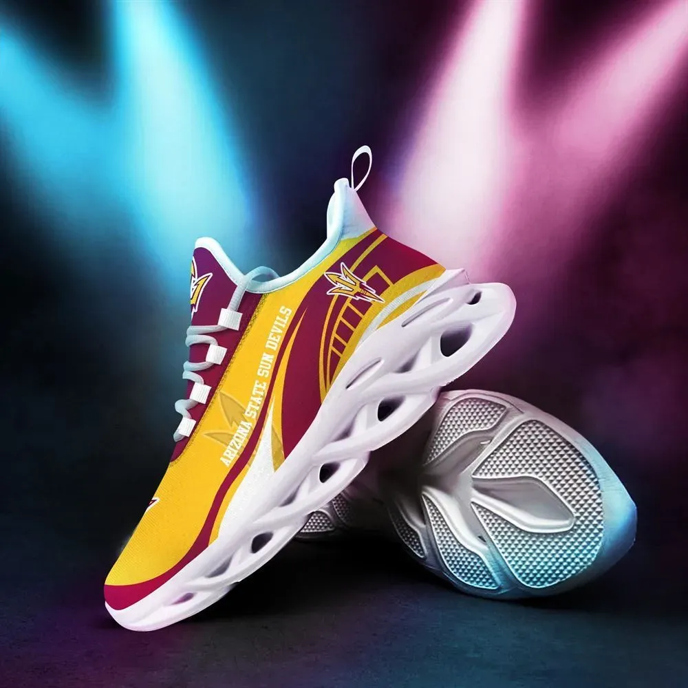 Arizona State Sun Devils Max Soul Shoes, ASU NCAA College Football Fan Sneakers, Maroon and Gold Pitchfork Lace-Up Running Trainers