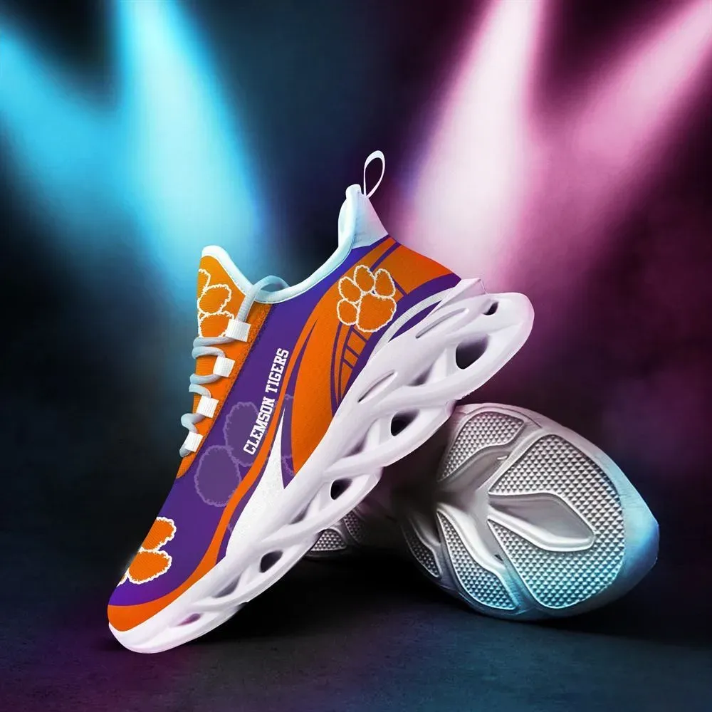 Clemson Tigers Max Soul Shoes, NCAA College Football Fan Sneakers, Orange and Purple Tiger Paw Lace-Up Running Trainers for Game Day