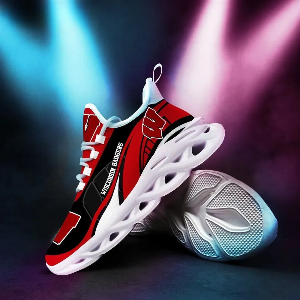 NCAA Wisconsin Badgers Max Soul Shoes, Red and Black College Football Fan Sneakers, Madison Game Day Lace-Up Gift for Students and Alumni