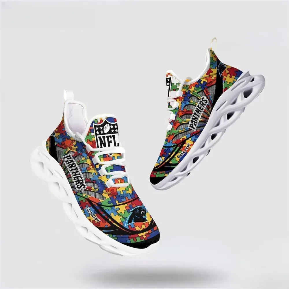 NFL Carolina Panthers Autism Awareness Max Soul Shoes, Custom Name Colorful Puzzle Sneakers, Charlotte Football Fan Gift for Him or Her