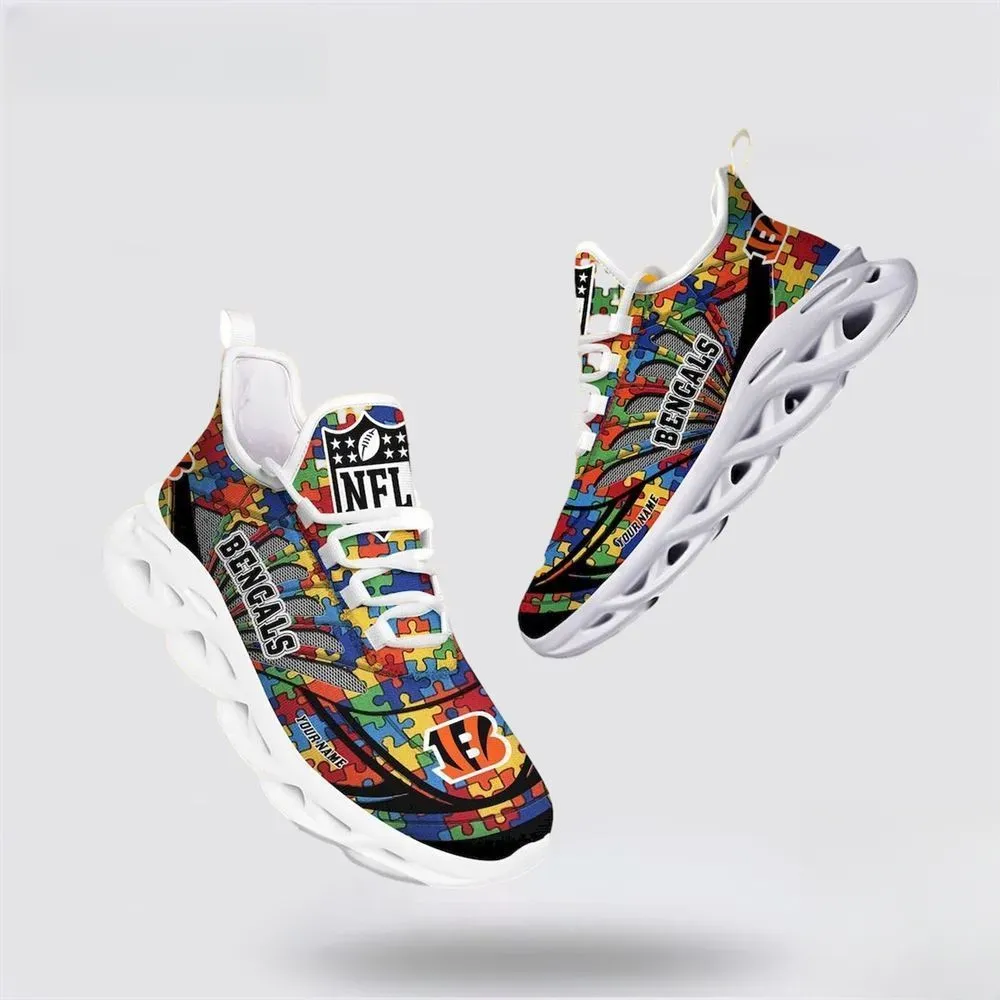 NFL Cincinnati Bengals Autism Awareness Max Soul Shoes, Custom Name Puzzle Piece Sneakers, Who Dey Football Fan Gift for Mom or Dad