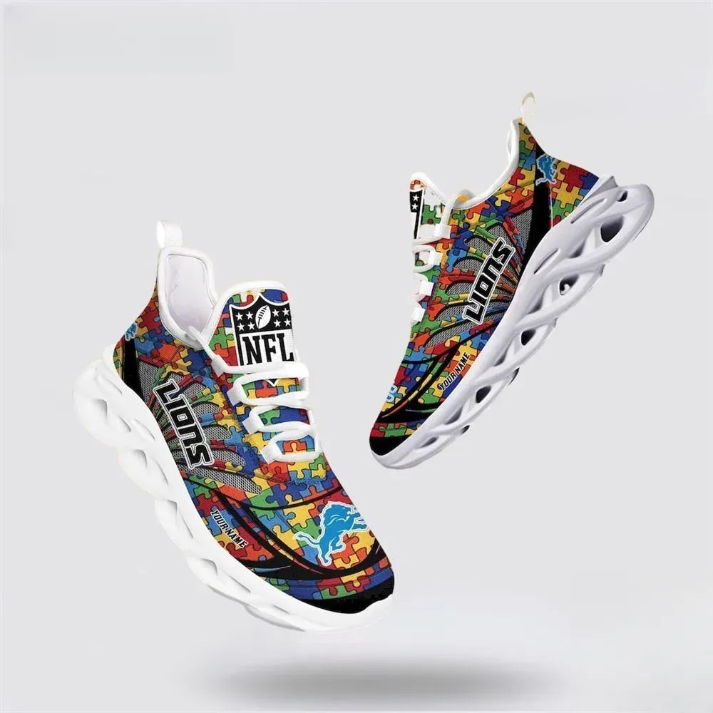 NFL Detroit Lions Autism Awareness Max Soul Shoes, Personalized Puzzle Piece Sneakers with Custom Name, Motor City Football Fan Gift