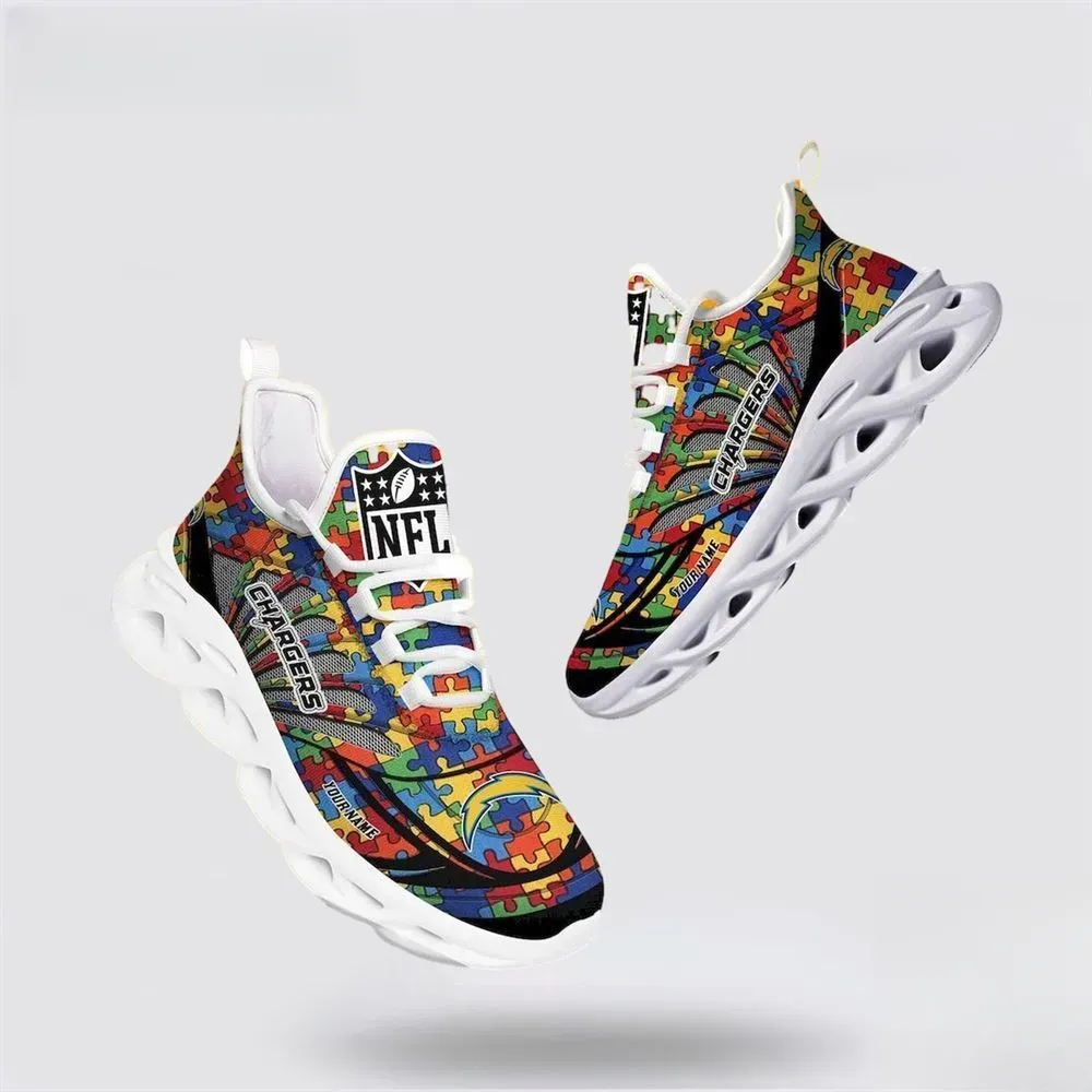 NFL Los Angeles Chargers Autism Awareness Max Soul Shoes, Personalized Puzzle Piece Sneakers with Your Name, Bolts Football Fan Gift