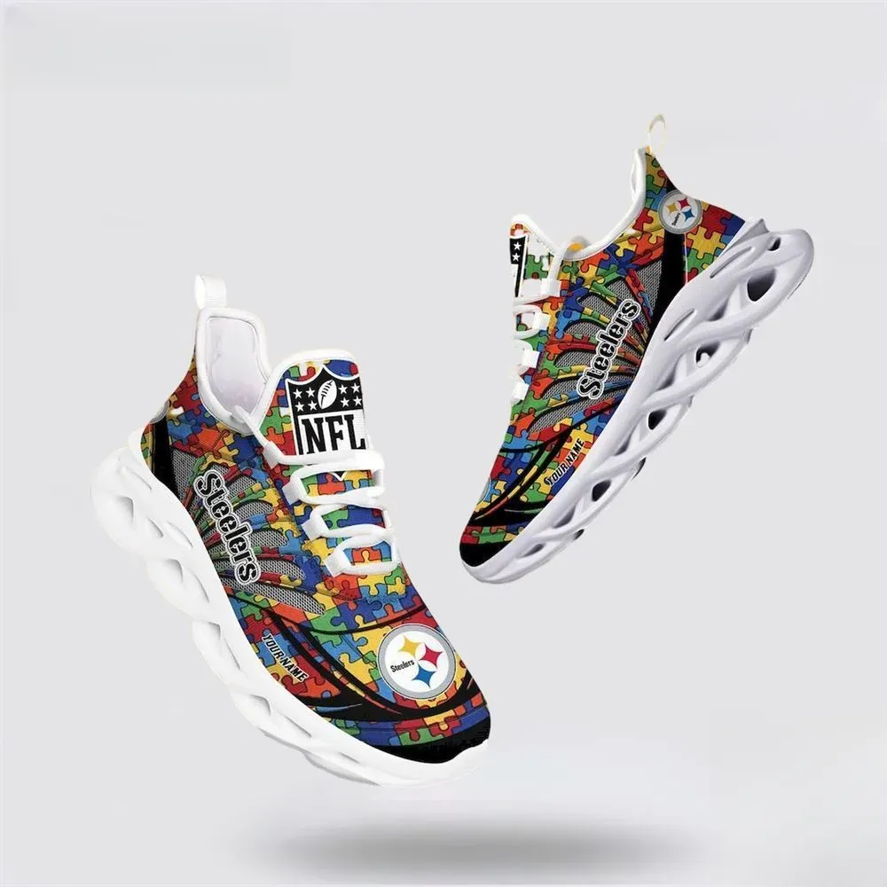 NFL Pittsburgh Steelers Autism Awareness Max Soul Shoes with Your Name, Colorful Puzzle Piece Sneakers, Steel City Football Fan Gift