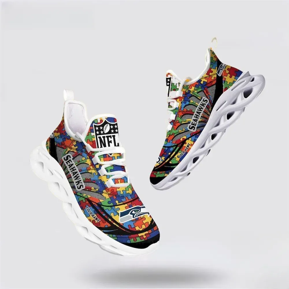 NFL Seattle Seahawks Autism Awareness Max Soul Shoes with Custom Name, Puzzle Piece Sneakers for Men and Women, Football Fan Gift