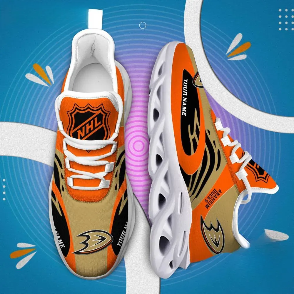 NHL Anaheim Ducks Personalized Max Soul Shoes, Orange and Gold Hockey Sneakers with Your Name, Fan Gift, Chunky Sole Lace-Up Trainers