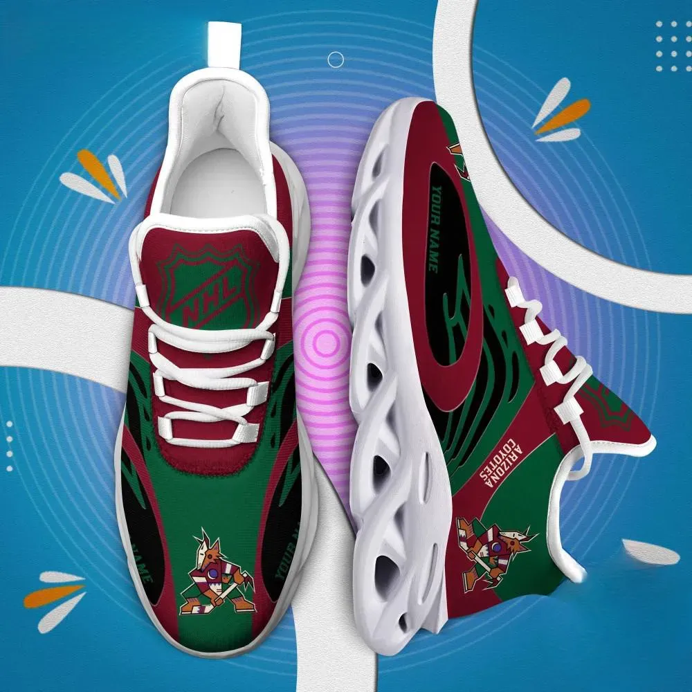 NHL Arizona Coyotes Personalized Max Soul Shoes, Brick Red and Green Hockey Sneakers with Your Name, Fan Gift, Chunky Sole Lace-Up Trainers