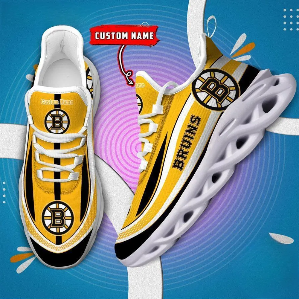 NHL Boston Bruins Clunky Max Soul Shoes with Custom Name, Gold Hockey Fan Sneakers, Game Day Gift for Men and Women, Lace-Up Walking Trainers