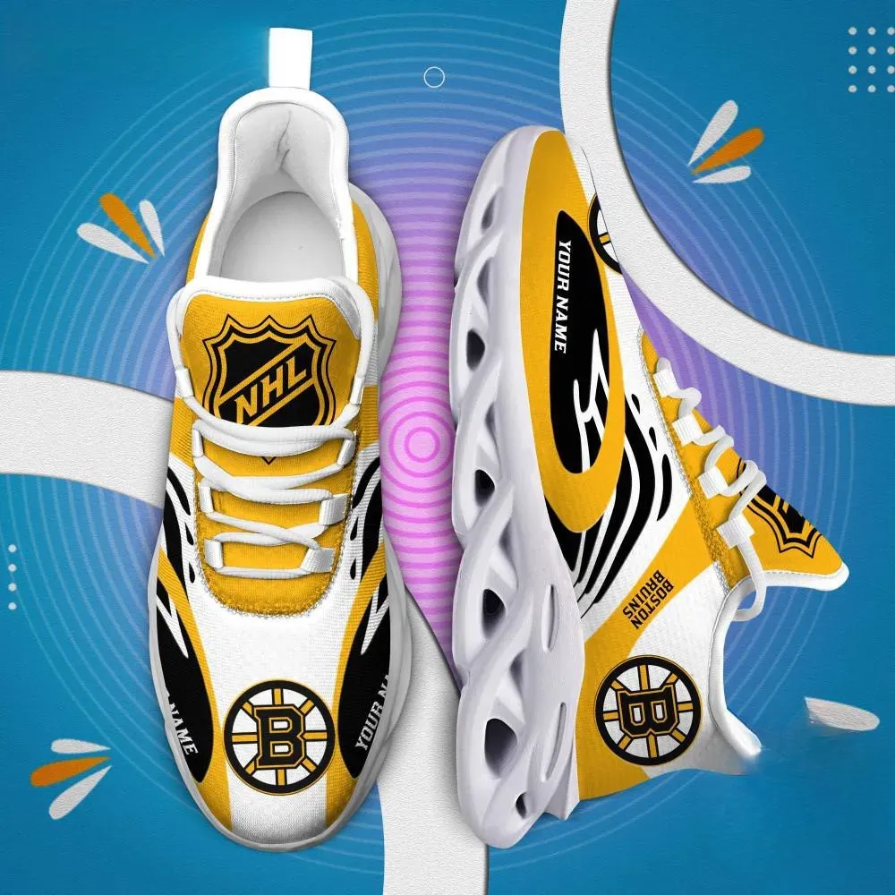 NHL Boston Bruins Personalized Max Soul Shoes, Black and Gold Hockey Sneakers with Your Name, Fan Gift, Chunky Sole Lace-Up Trainers