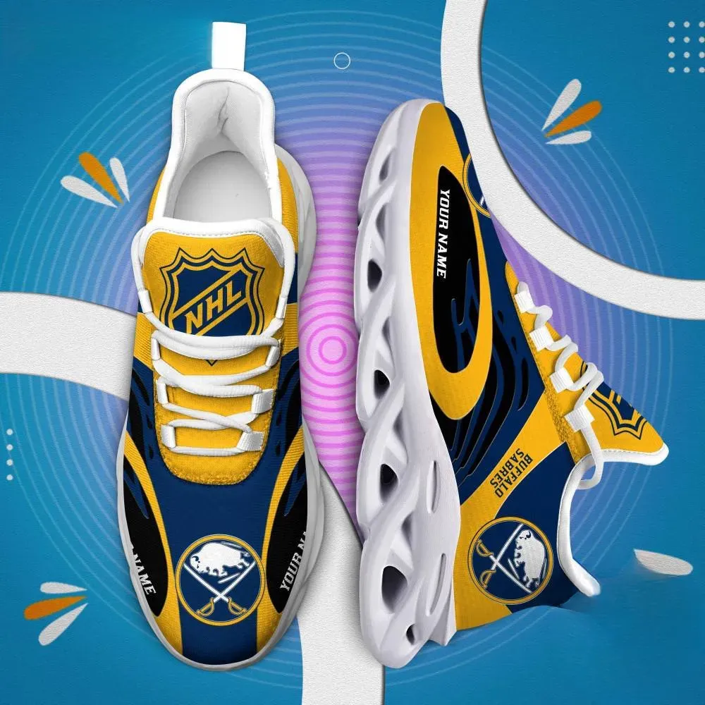 NHL Buffalo Sabres Personalized Max Soul Shoes, Navy and Gold Hockey Sneakers with Your Name, Fan Gift, Chunky Sole Lace-Up Trainers