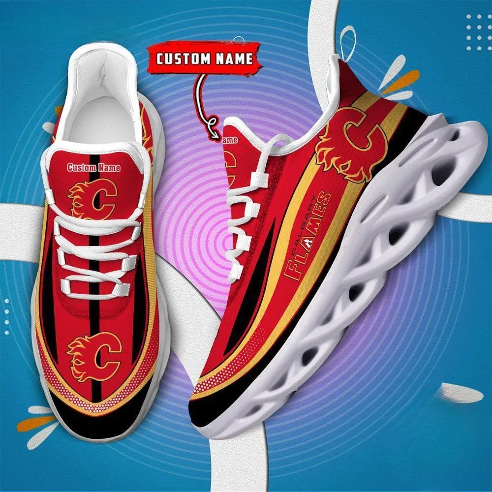 NHL Calgary Flames Clunky Max Soul Shoes, Personalized Custom Name Hockey Sneakers in Red and Gold, Gift for Alberta Fans