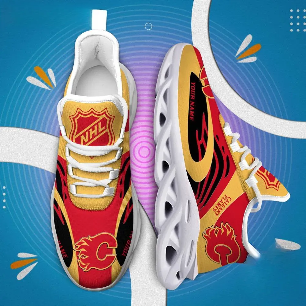 NHL Calgary Flames Personalized Max Soul Shoes, Red and Gold Hockey Sneakers with Your Name, Fan Gift, Chunky Sole Lace-Up Trainers