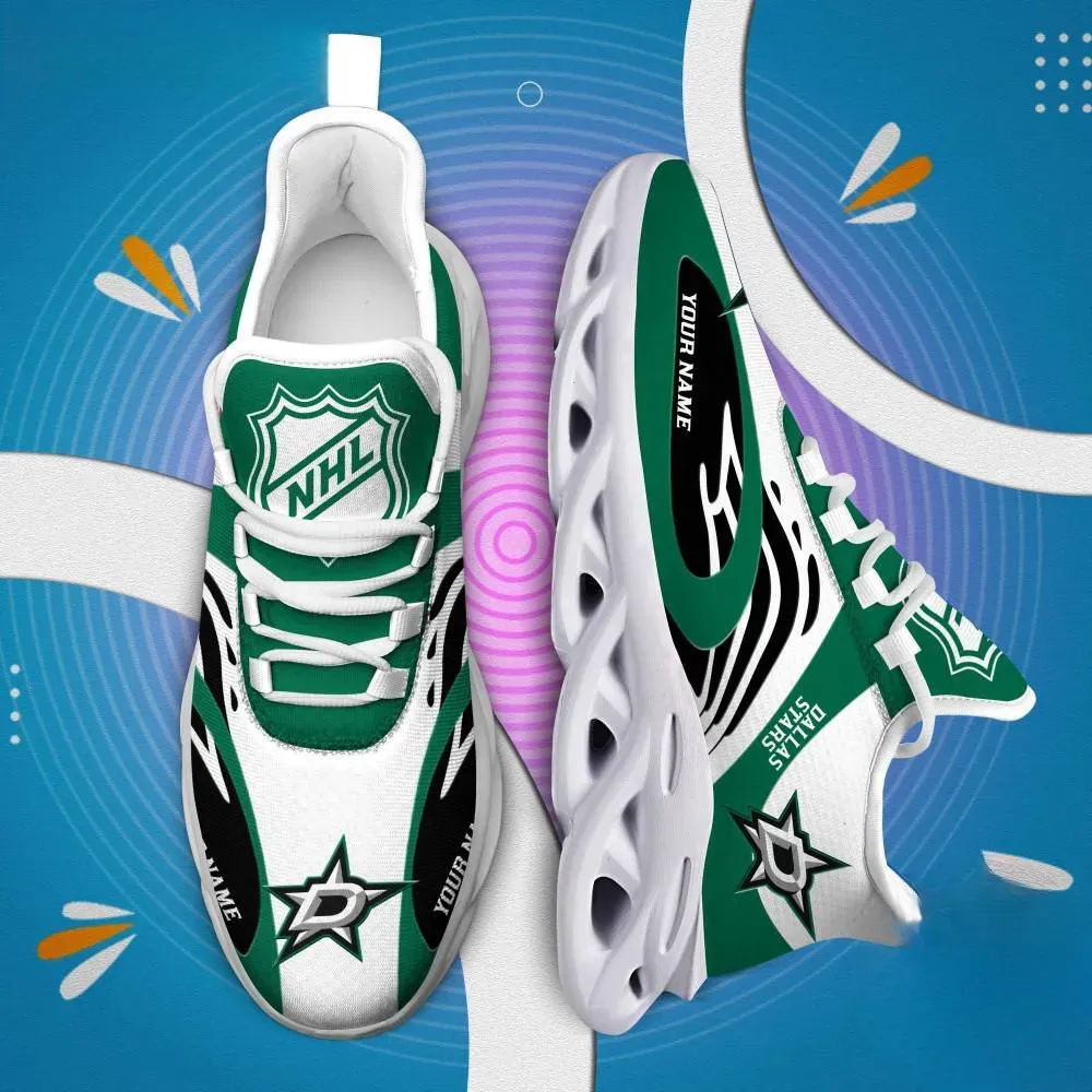 NHL Dallas Stars Personalized Max Soul Shoes, Victory Green and White Hockey Sneakers with Your Name, Fan Gift, Chunky Sole Lace-Up Trainers
