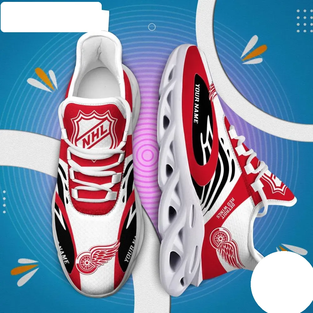 NHL Detroit Red Wings Personalized Max Soul Shoes, White Hockey Fan Sneakers with Your Name, Chunky Sole Trainers, Gift for Men and Women